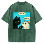 Unisex Black White Cat Office Meme Printed Washed Tee