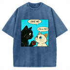 Unisex Black White Cat Office Meme Printed Washed Tee
