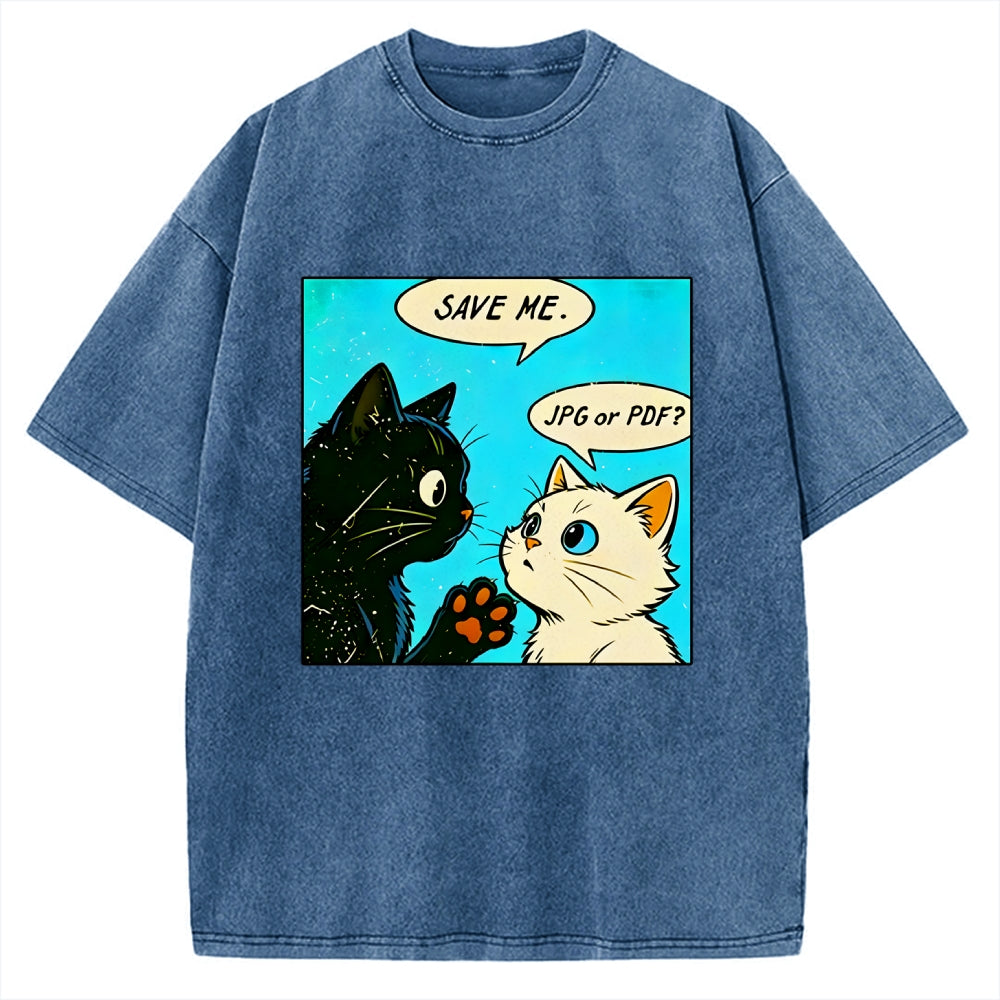 Unisex Black White Cat Office Meme Printed Washed Tee