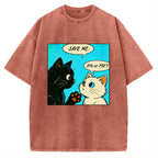 Unisex Black White Cat Office Meme Printed Washed Tee