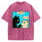 Unisex Black White Cat Office Meme Printed Washed Tee