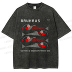Unisex Bauhaus Retro Fish Print Printed Washed Tee