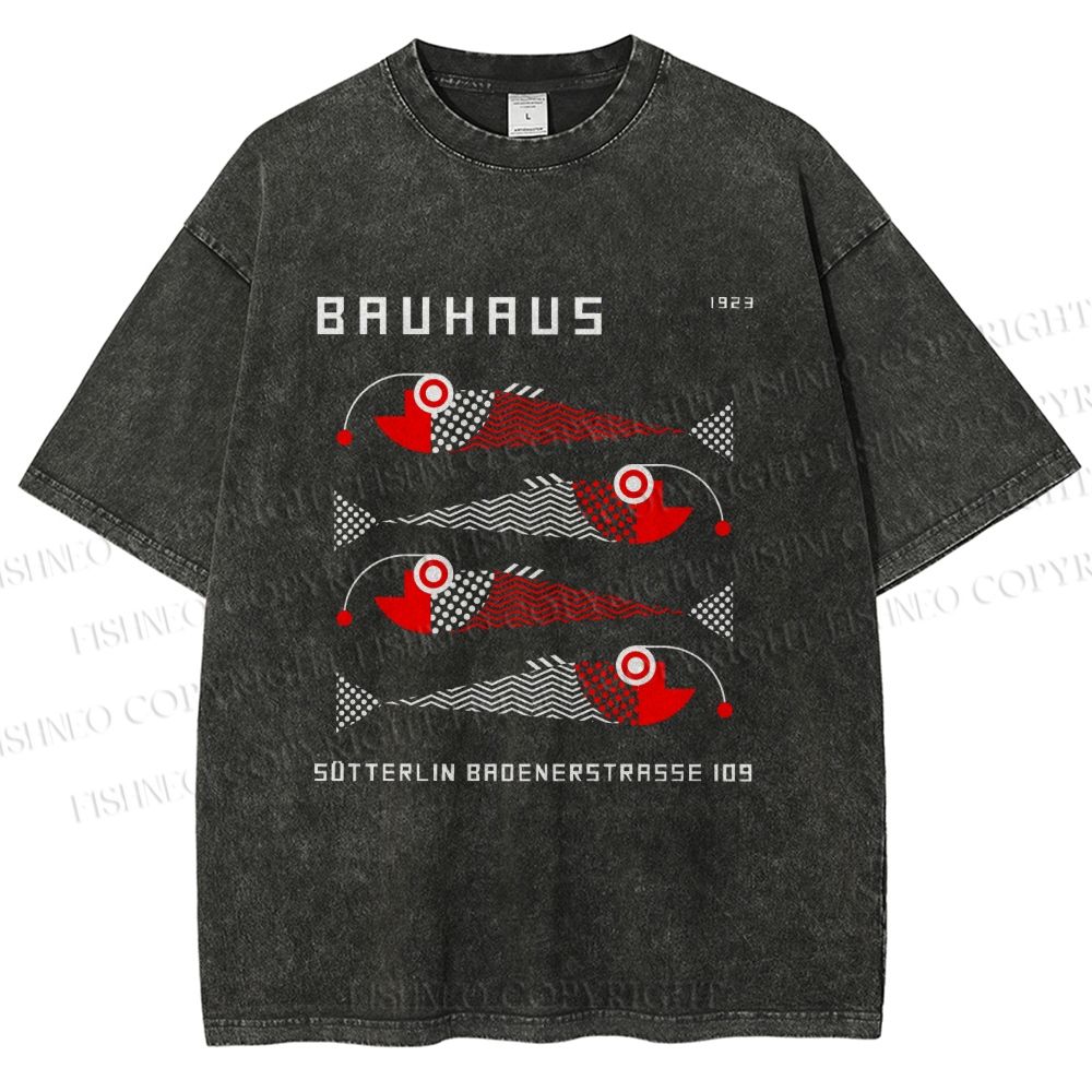 Unisex Bauhaus Retro Fish Print Printed Washed Tee