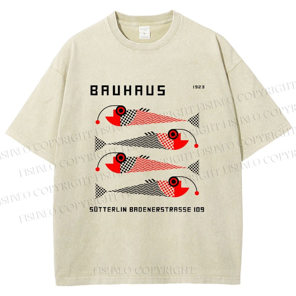 Unisex Bauhaus Retro Fish Print Printed Washed Tee