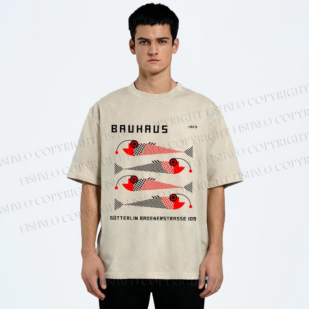 Unisex Bauhaus Retro Fish Print Printed Washed Tee