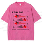 Unisex Bauhaus Retro Fish Print Printed Washed Tee