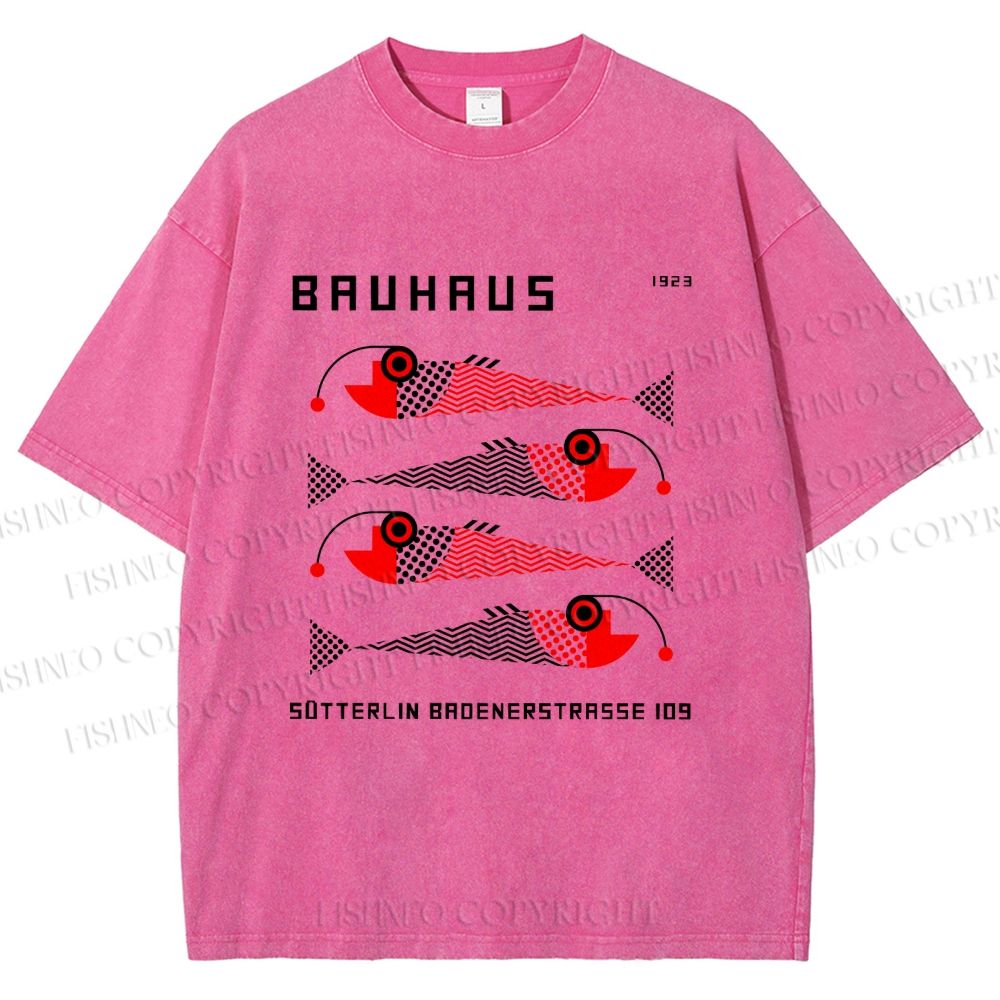 Unisex Bauhaus Retro Fish Print Printed Washed Tee