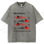 Unisex Bauhaus Retro Fish Print Printed Washed Tee