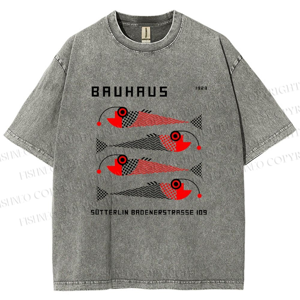 Unisex Bauhaus Retro Fish Print Printed Washed Tee