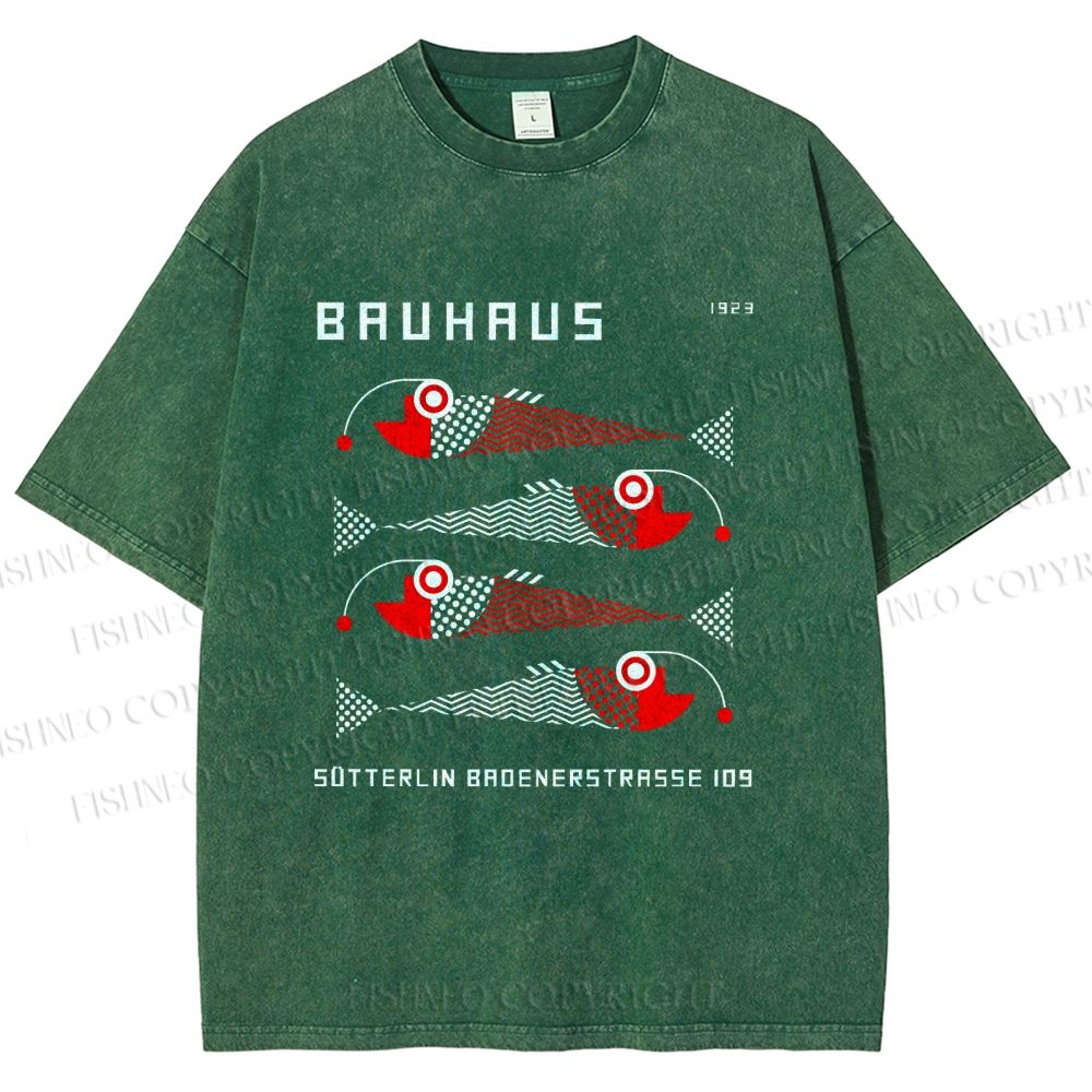 Unisex Bauhaus Retro Fish Print Printed Washed Tee