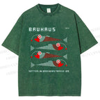 Unisex Bauhaus Retro Fish Print Printed Washed Tee