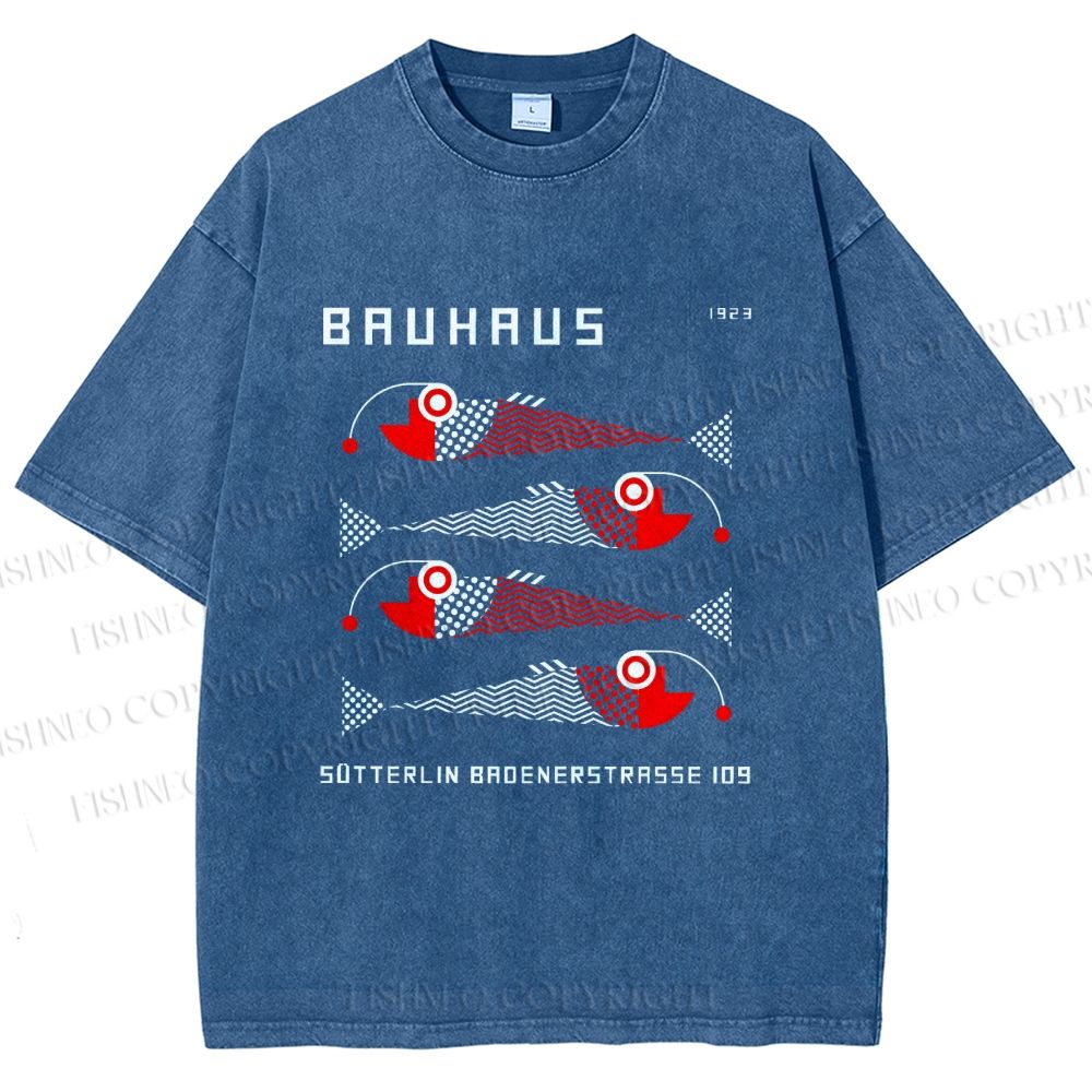Unisex Bauhaus Retro Fish Print Printed Washed Tee