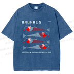 Unisex Bauhaus Retro Fish Print Printed Washed Tee