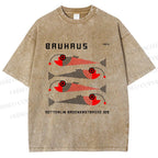 Unisex Bauhaus Retro Fish Print Printed Washed Tee