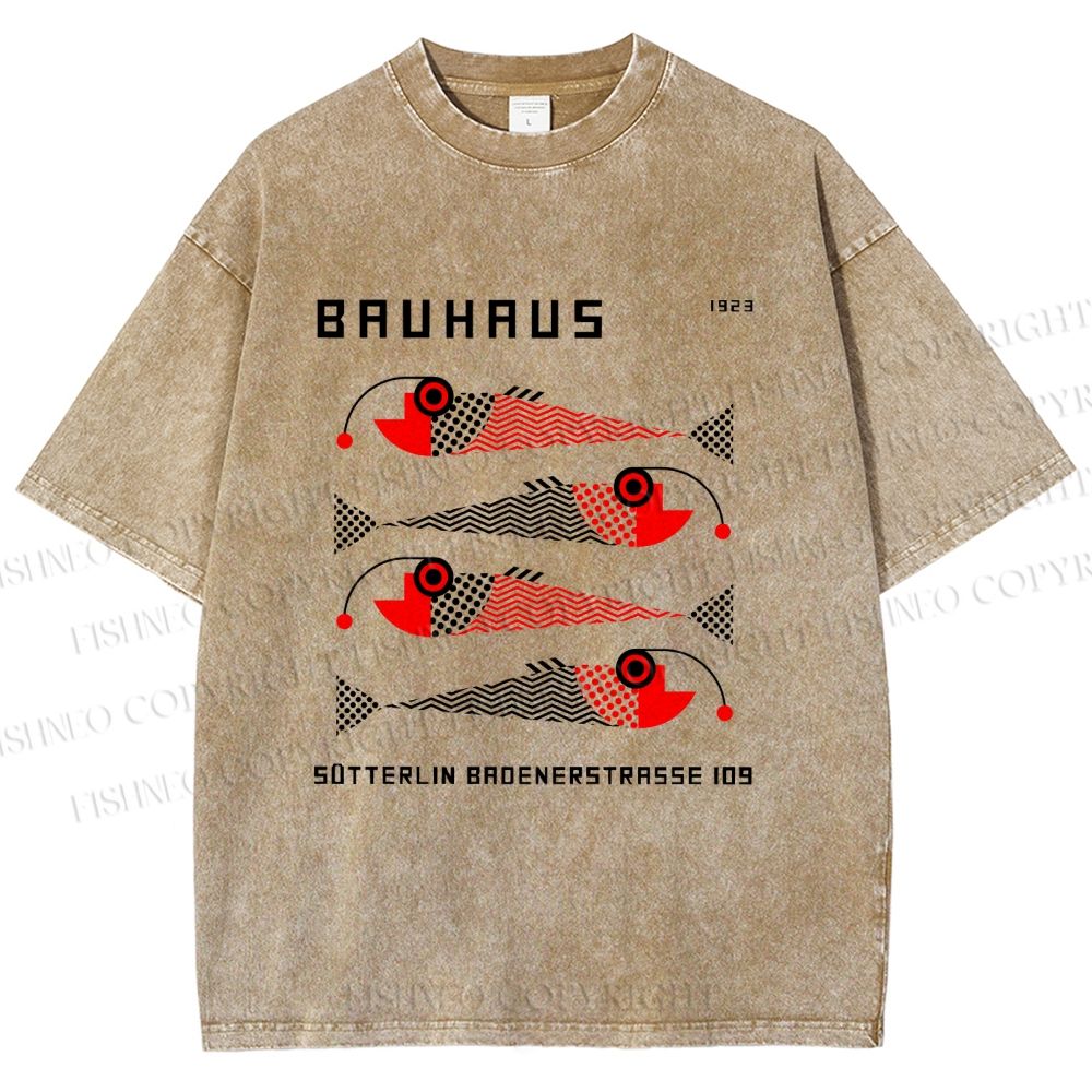 Unisex Bauhaus Retro Fish Print Printed Washed Tee