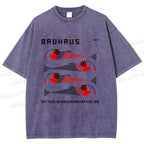 Unisex Bauhaus Retro Fish Print Printed Washed Tee