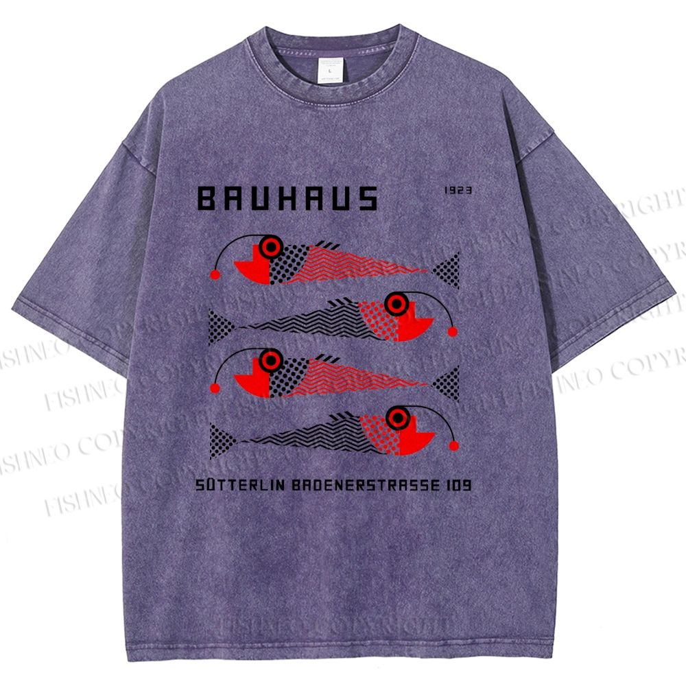 Unisex Bauhaus Retro Fish Print Printed Washed Tee