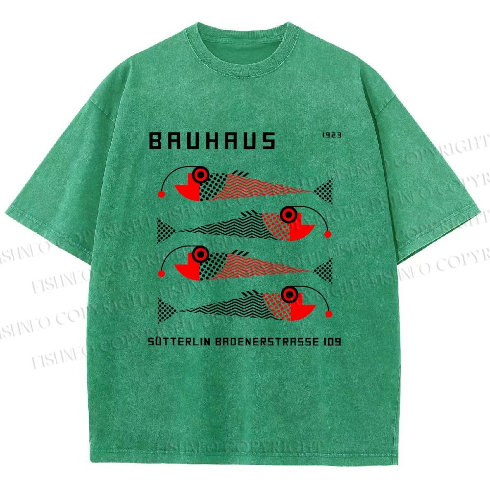 Unisex Bauhaus Retro Fish Print Printed Washed Tee