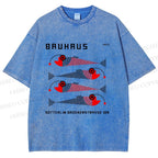 Unisex Bauhaus Retro Fish Print Printed Washed Tee