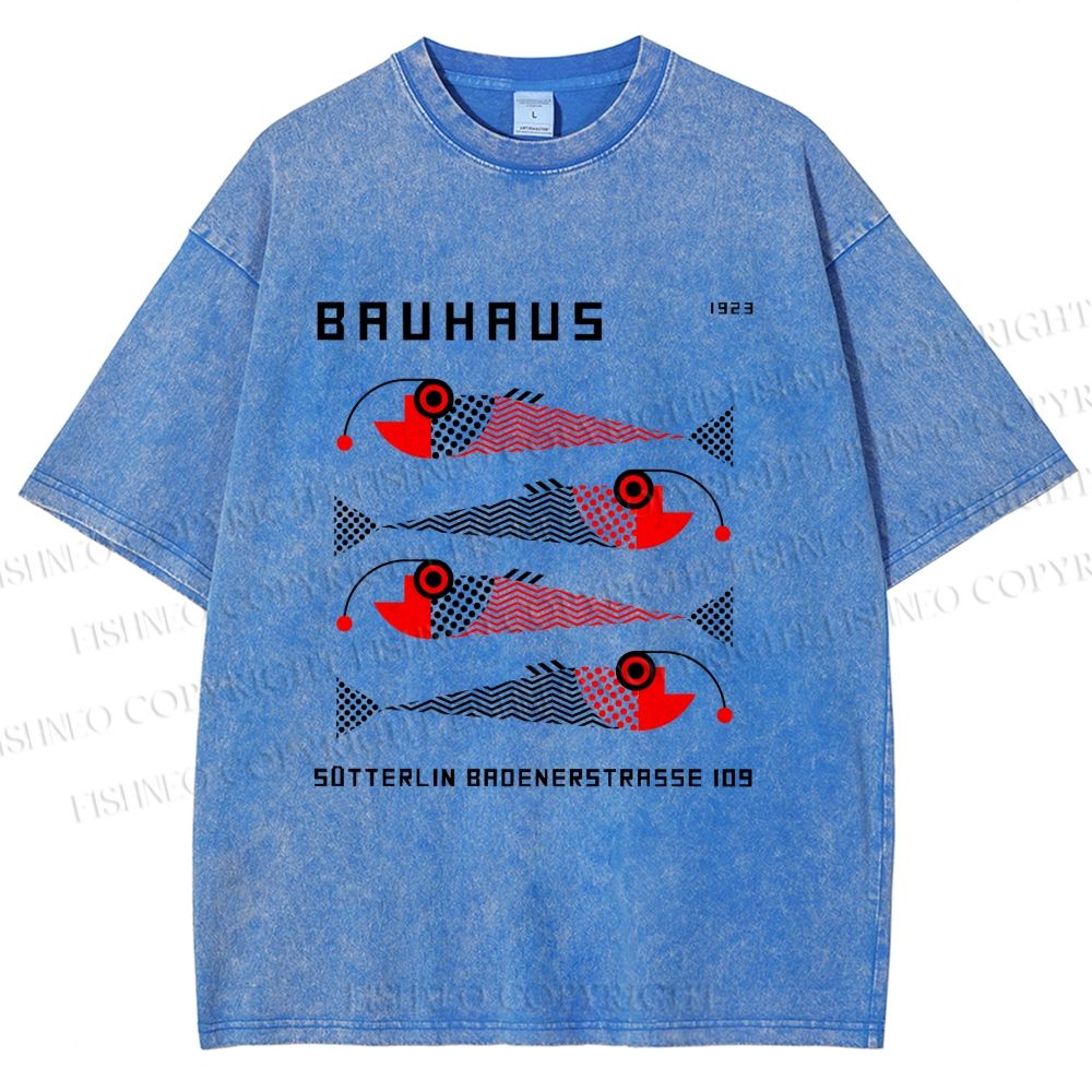Unisex Bauhaus Retro Fish Print Printed Washed Tee