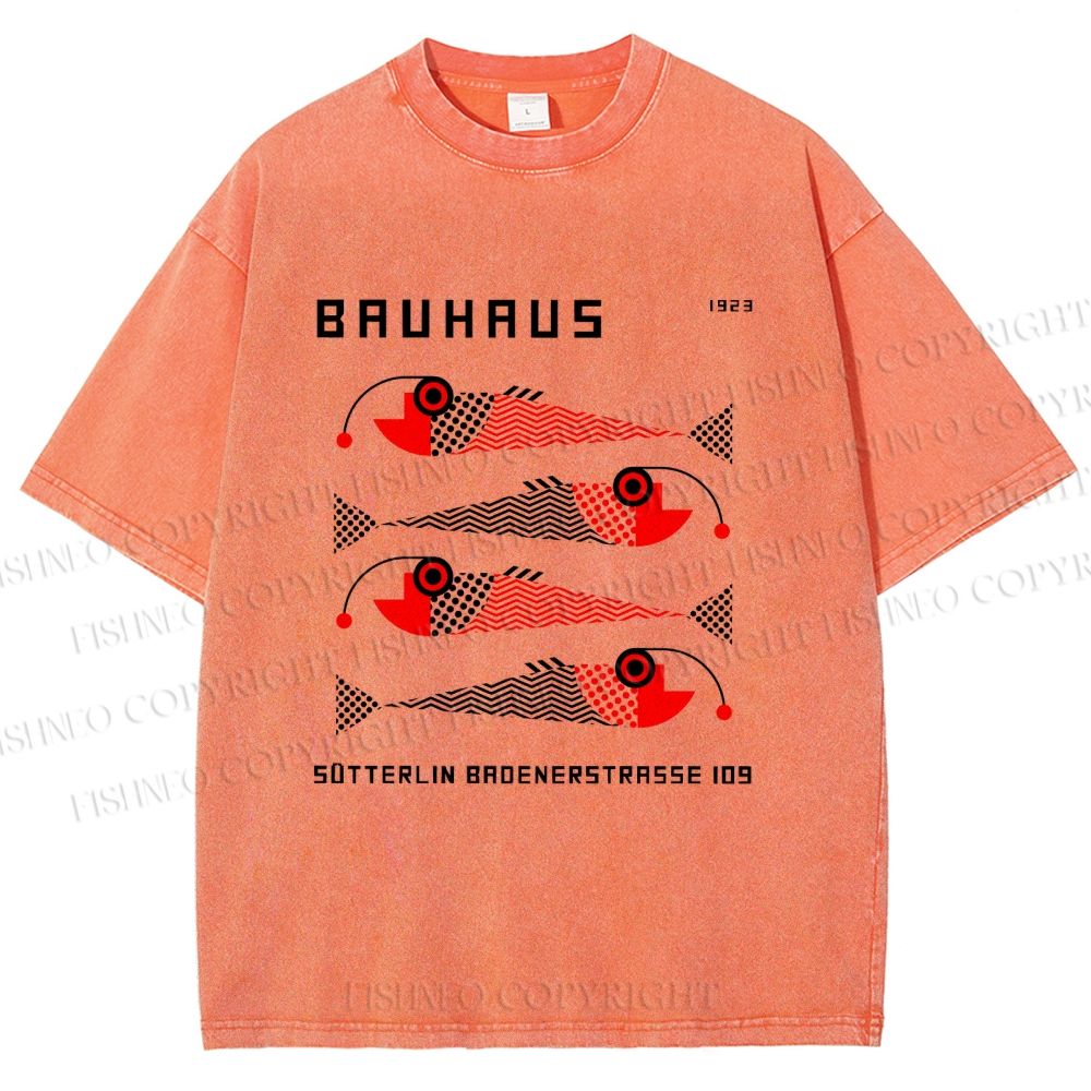 Unisex Bauhaus Retro Fish Print Printed Washed Tee