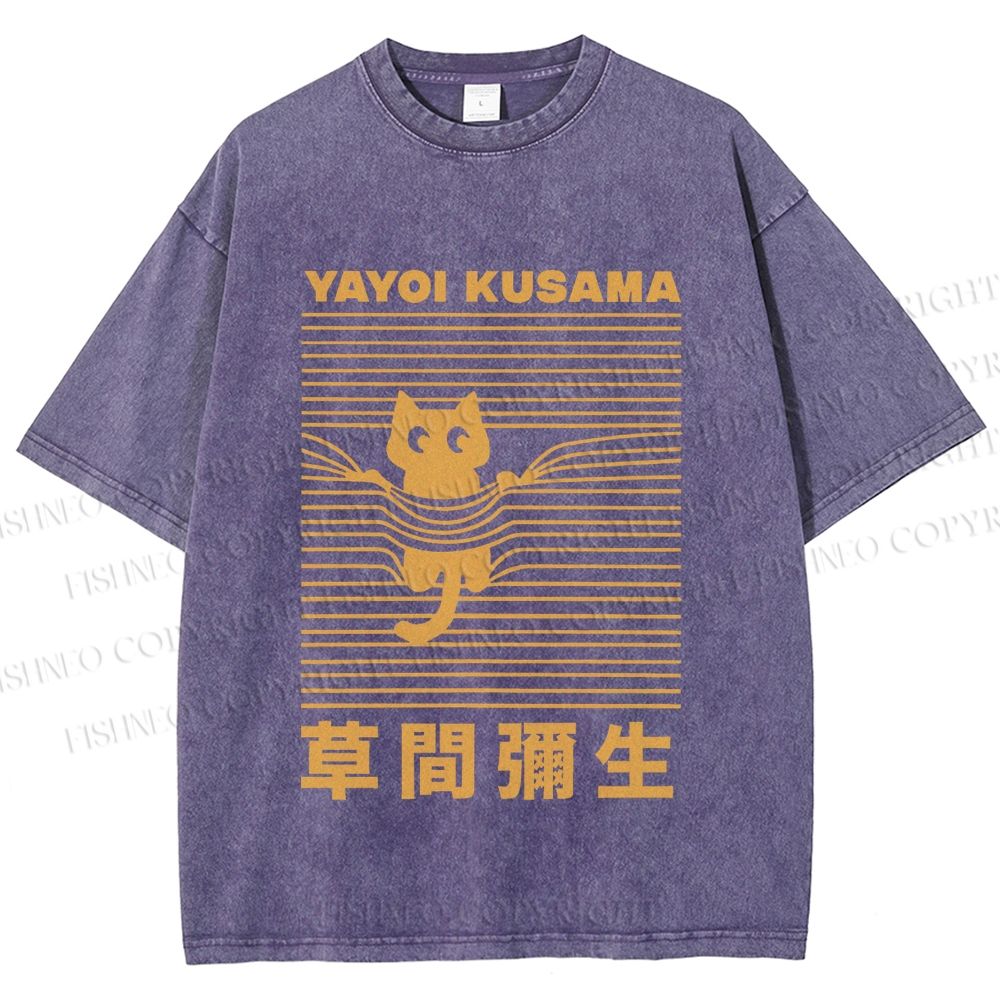 Unisex Yayoi Kusama Cat Stuck in Line Printed Washed Tee