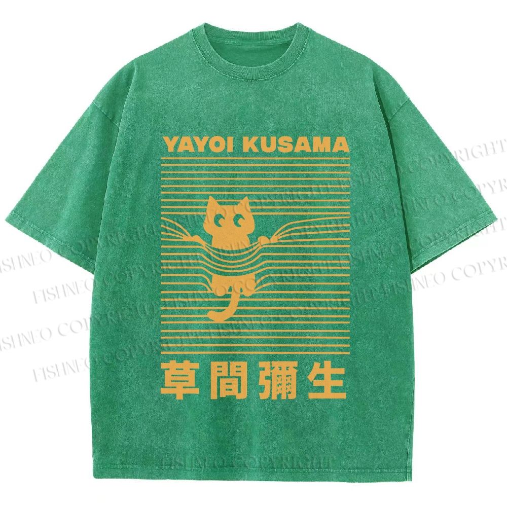 Unisex Yayoi Kusama Cat Stuck in Line Printed Washed Tee