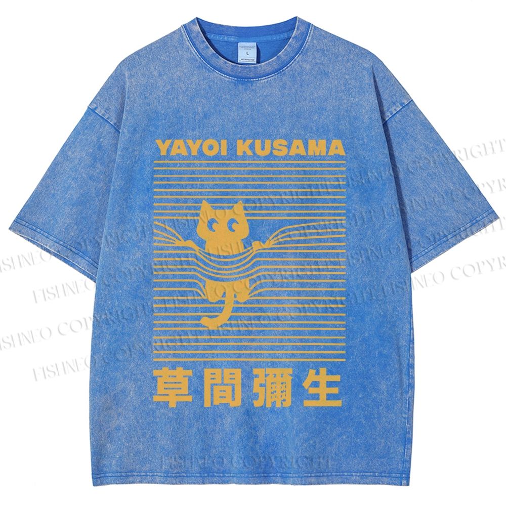 Unisex Yayoi Kusama Cat Stuck in Line Printed Washed Tee
