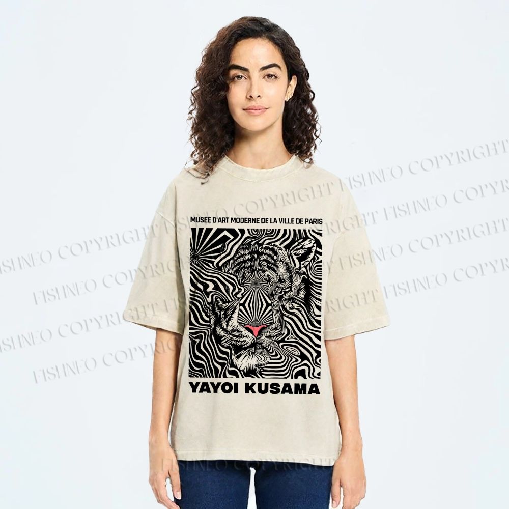 Unisex Yayoi Kusama Line Tiger Printed Washed Tee