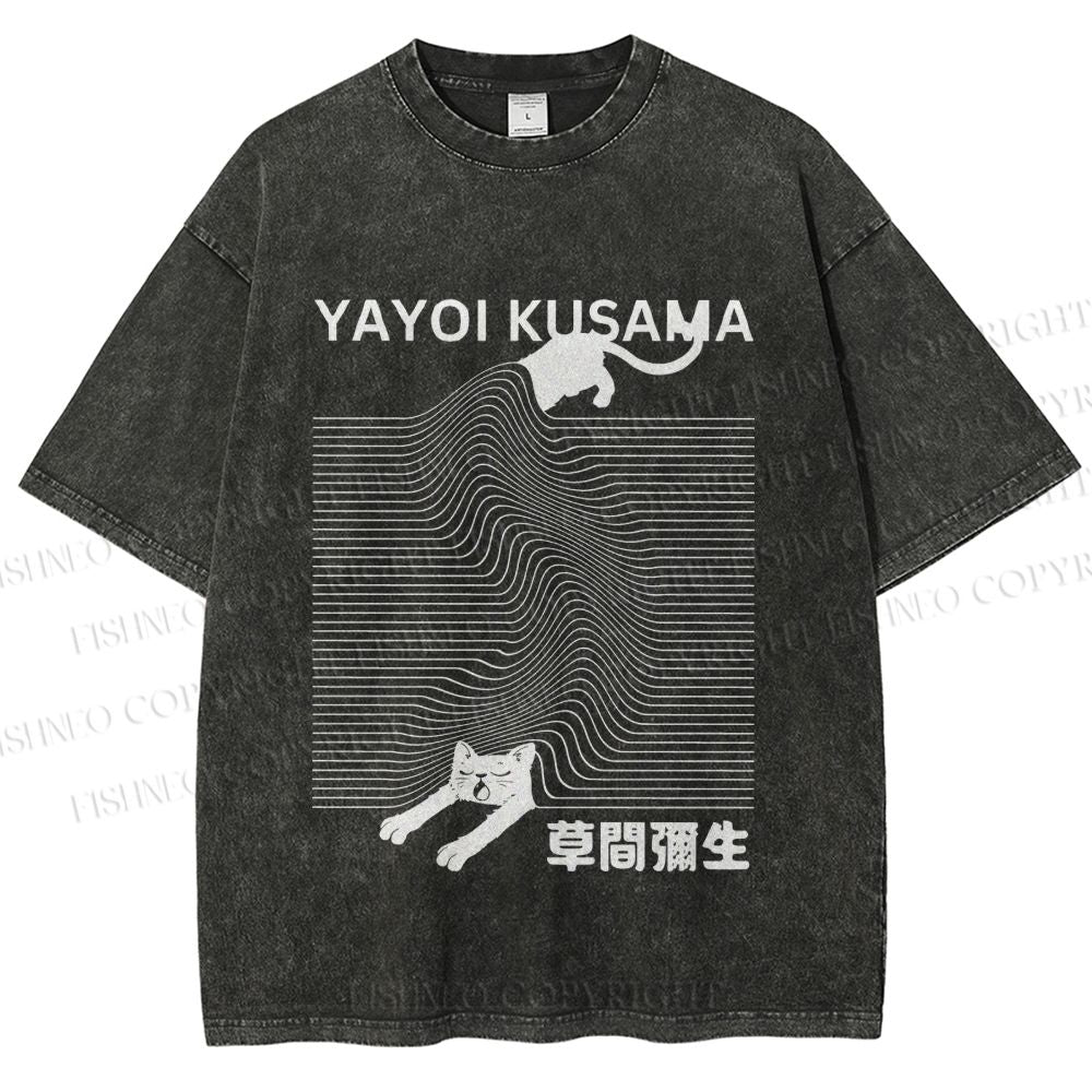 Unisex Yayoi Kusama Cat Cover With Line Printed Washed Tee