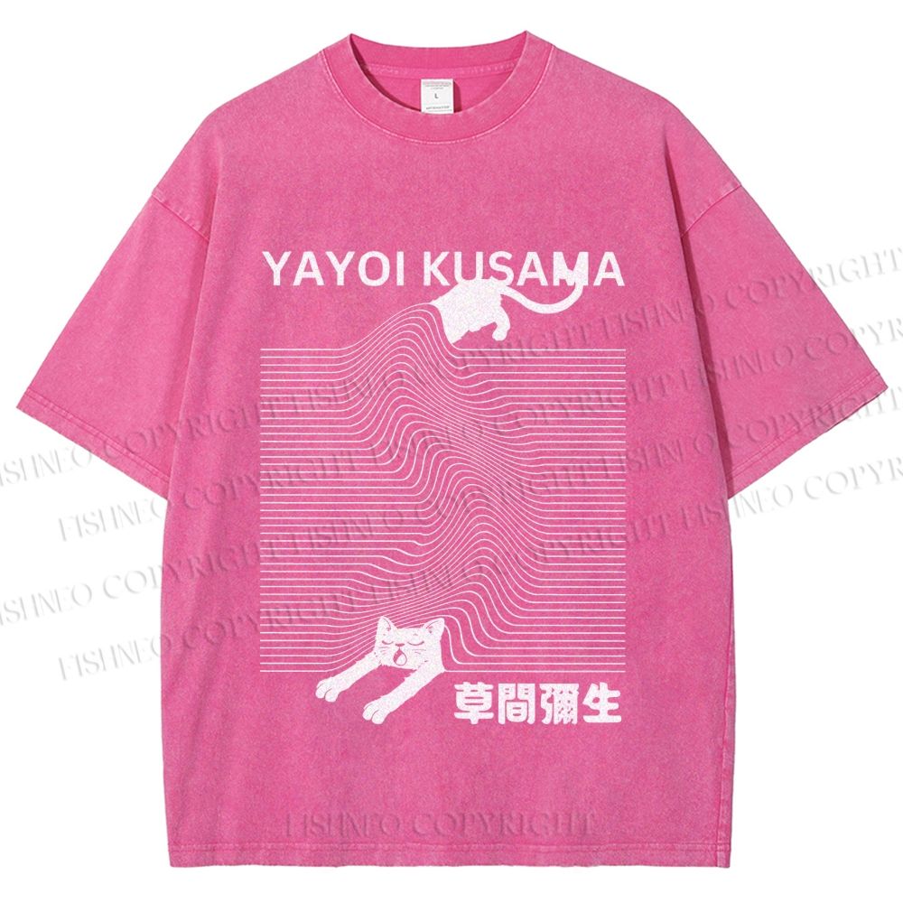 Unisex Yayoi Kusama Cat Cover With Line Printed Washed Tee