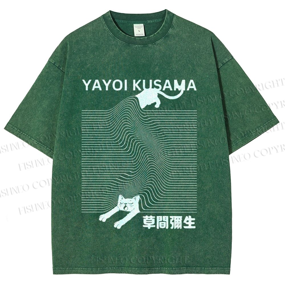 Unisex Yayoi Kusama Cat Cover With Line Printed Washed Tee