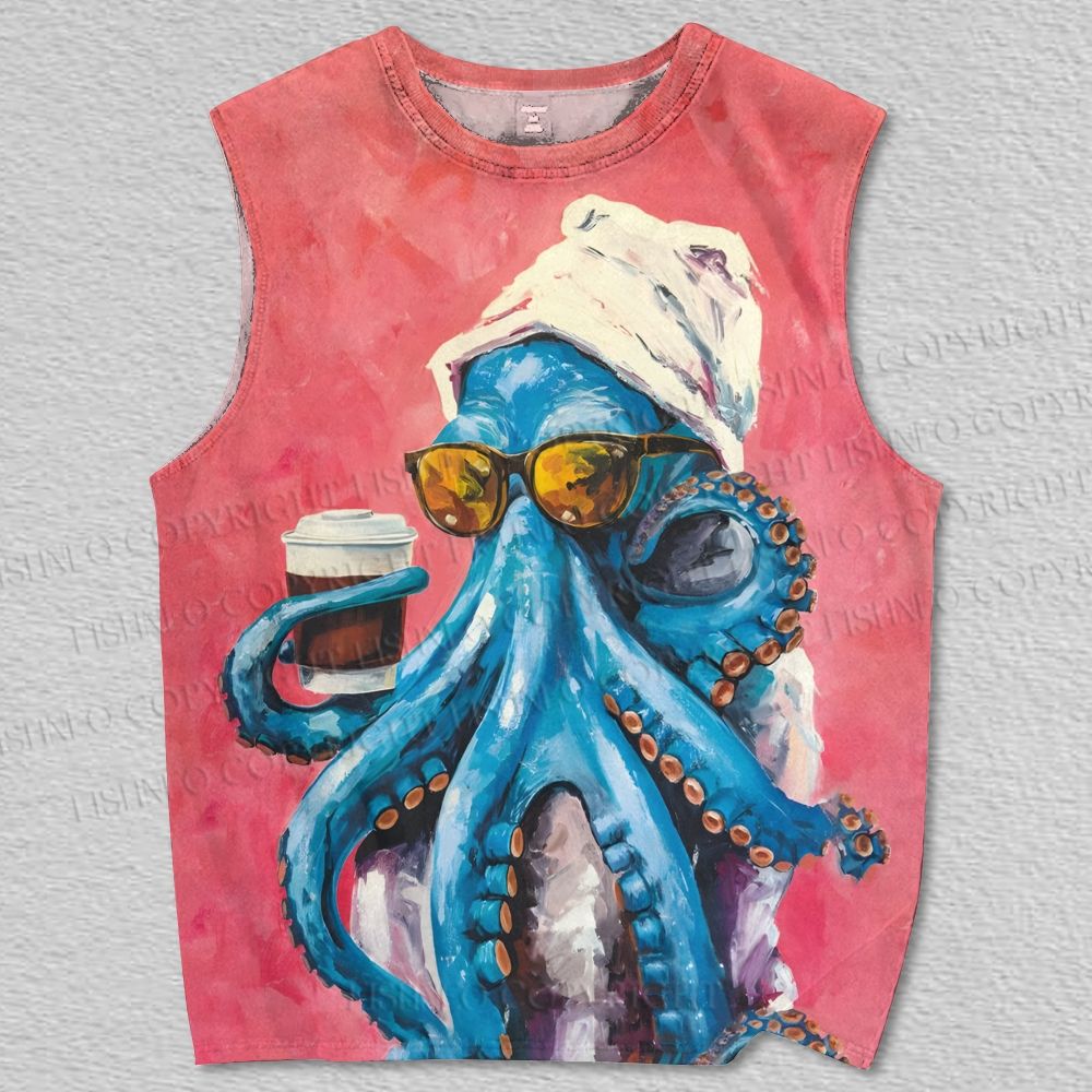 Unisex Drinking Coffee Octopu Printed Tank Top