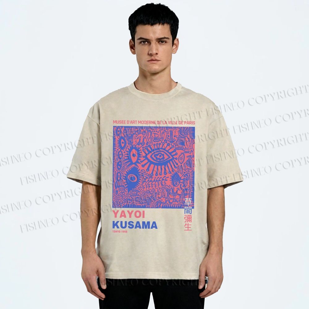 Unisex Yayoi Kusama Eye Graffiti Printed Washed Tee