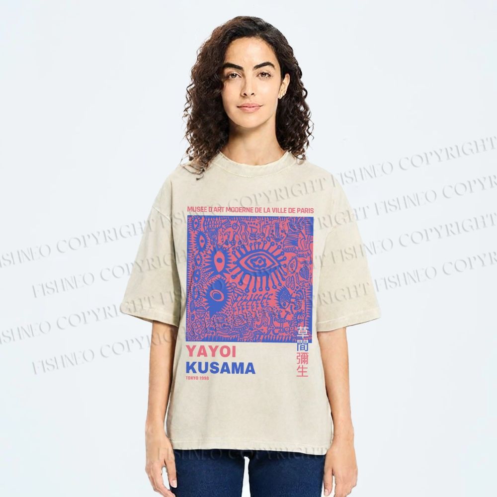 Unisex Yayoi Kusama Eye Graffiti Printed Washed Tee