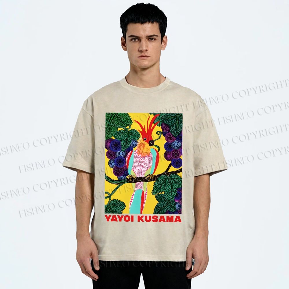Unisex Yayoi Kusama Parrot Printed Washed Tee