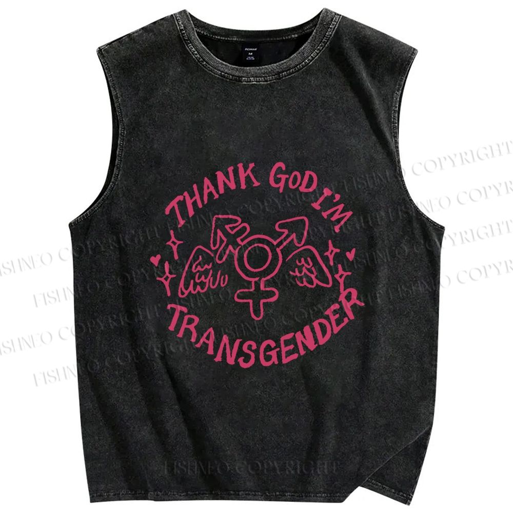 Unisex Pride Thank God I am Transgender Printed Washed Tank Top