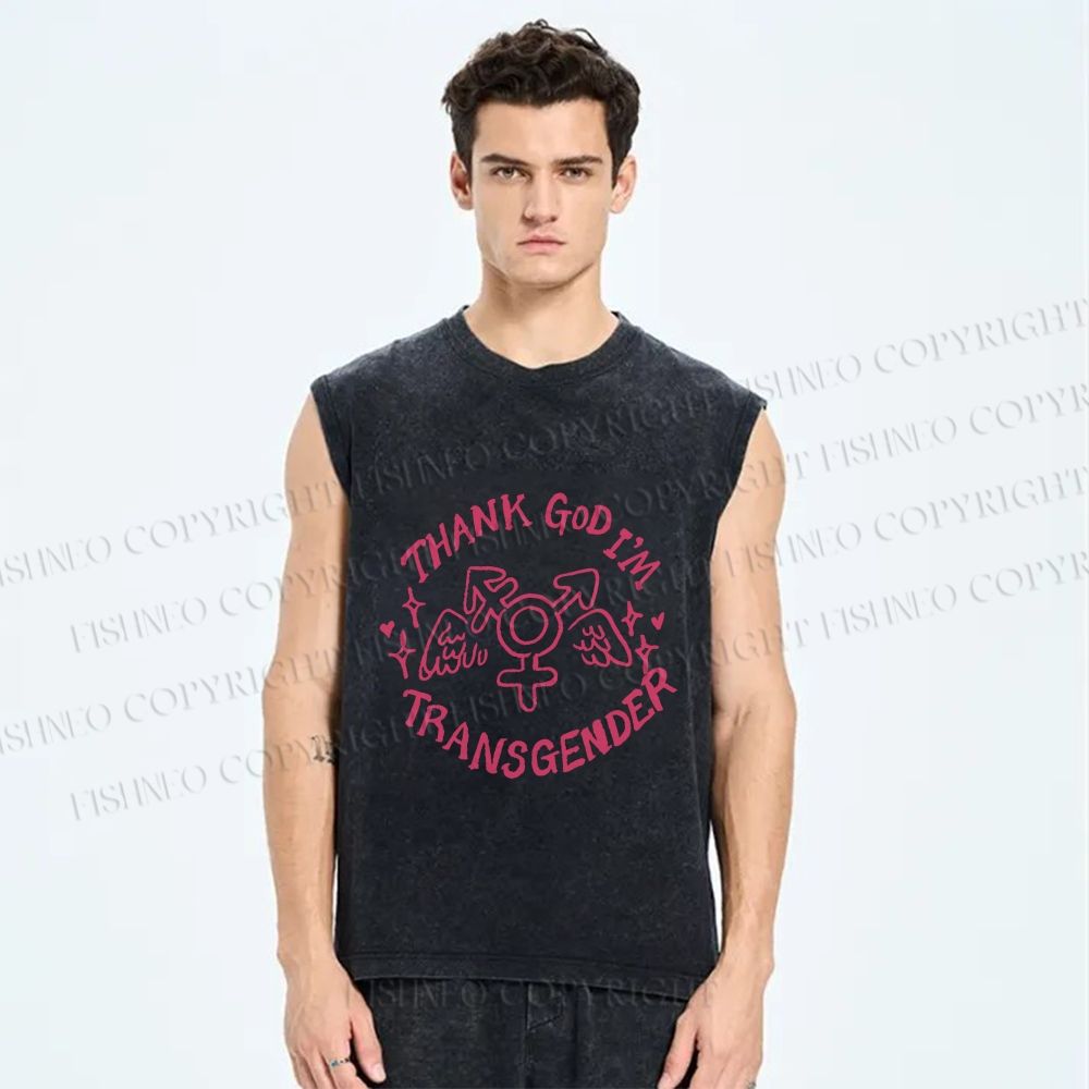 Unisex Pride Thank God I am Transgender Printed Washed Tank Top
