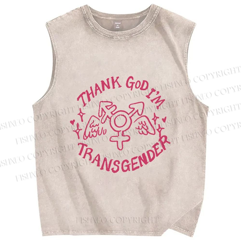 Unisex Pride Thank God I am Transgender Printed Washed Tank Top