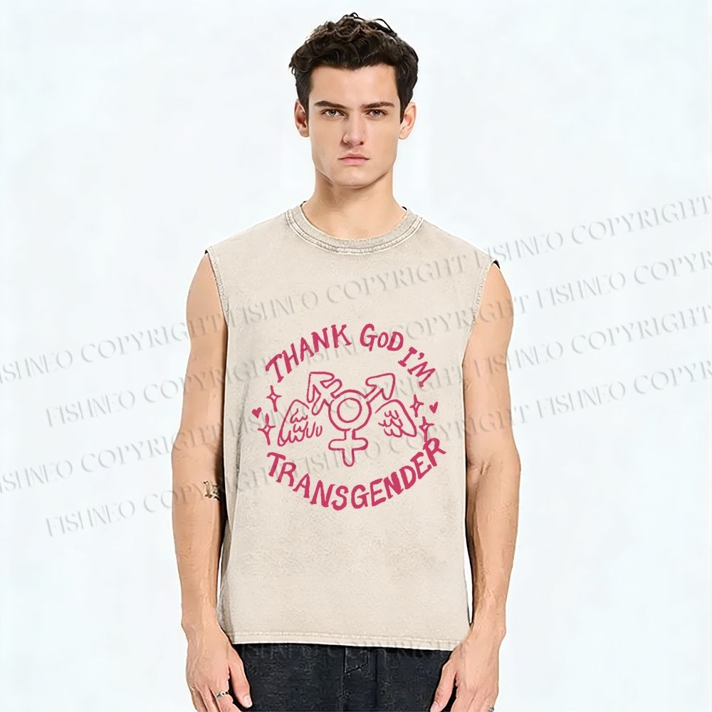 Unisex Pride Thank God I am Transgender Printed Washed Tank Top