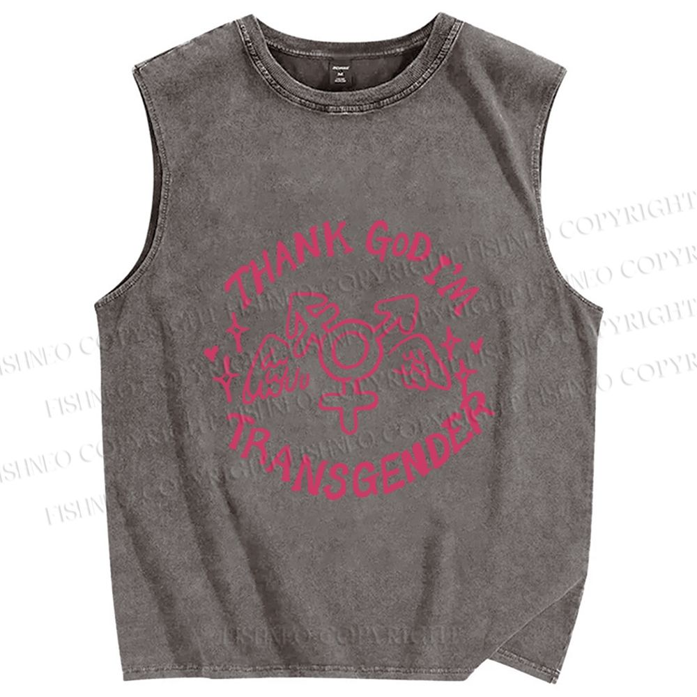 Unisex Pride Thank God I am Transgender Printed Washed Tank Top