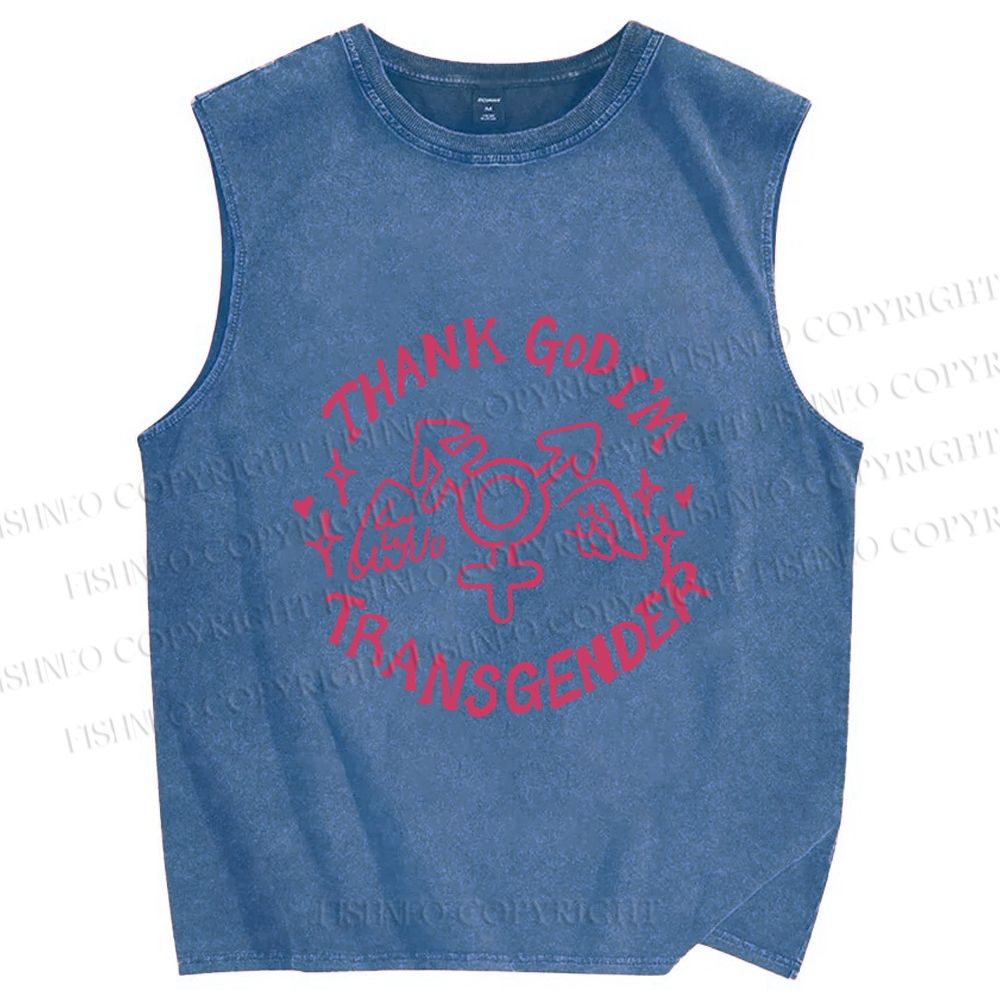 Unisex Pride Thank God I am Transgender Printed Washed Tank Top