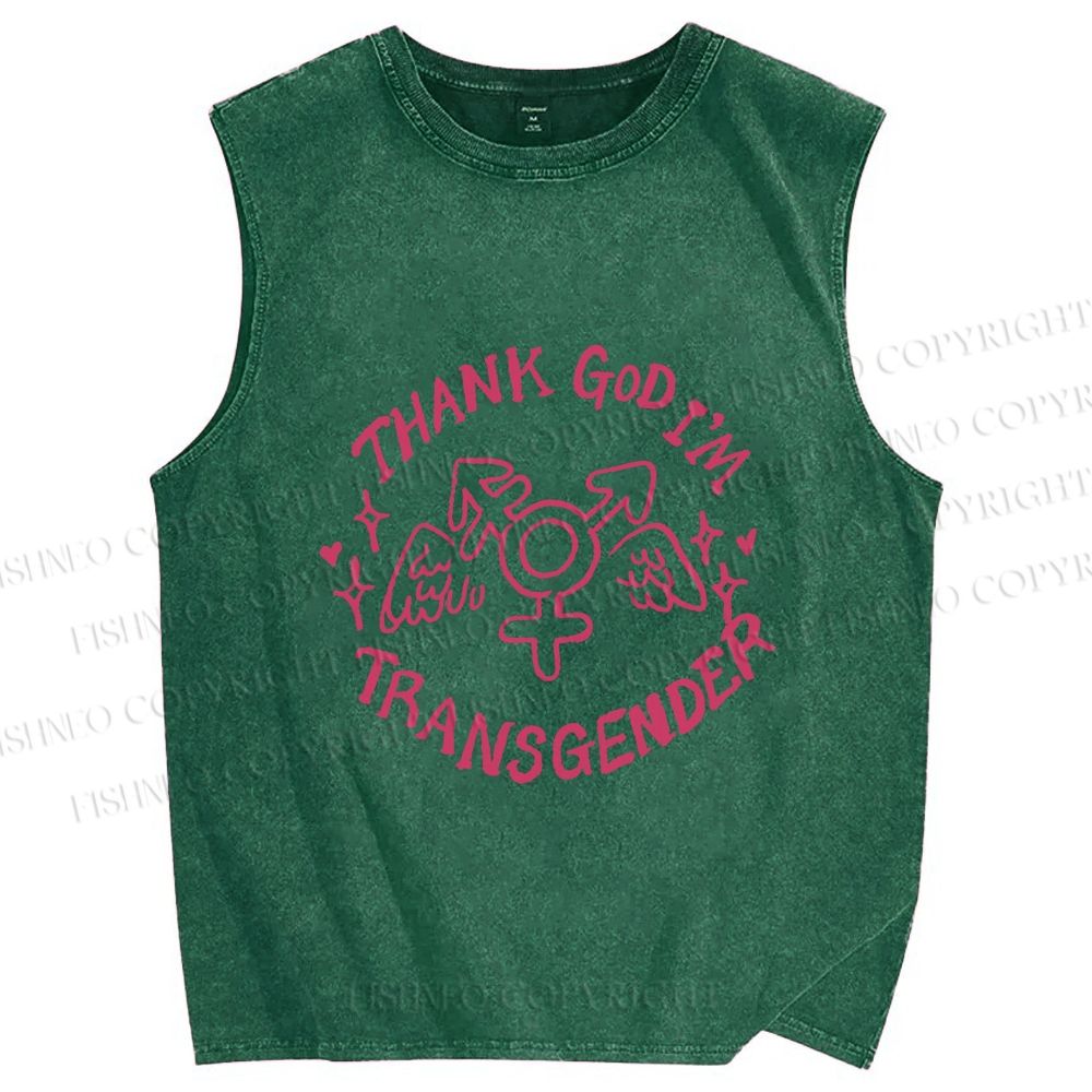 Unisex Pride Thank God I am Transgender Printed Washed Tank Top