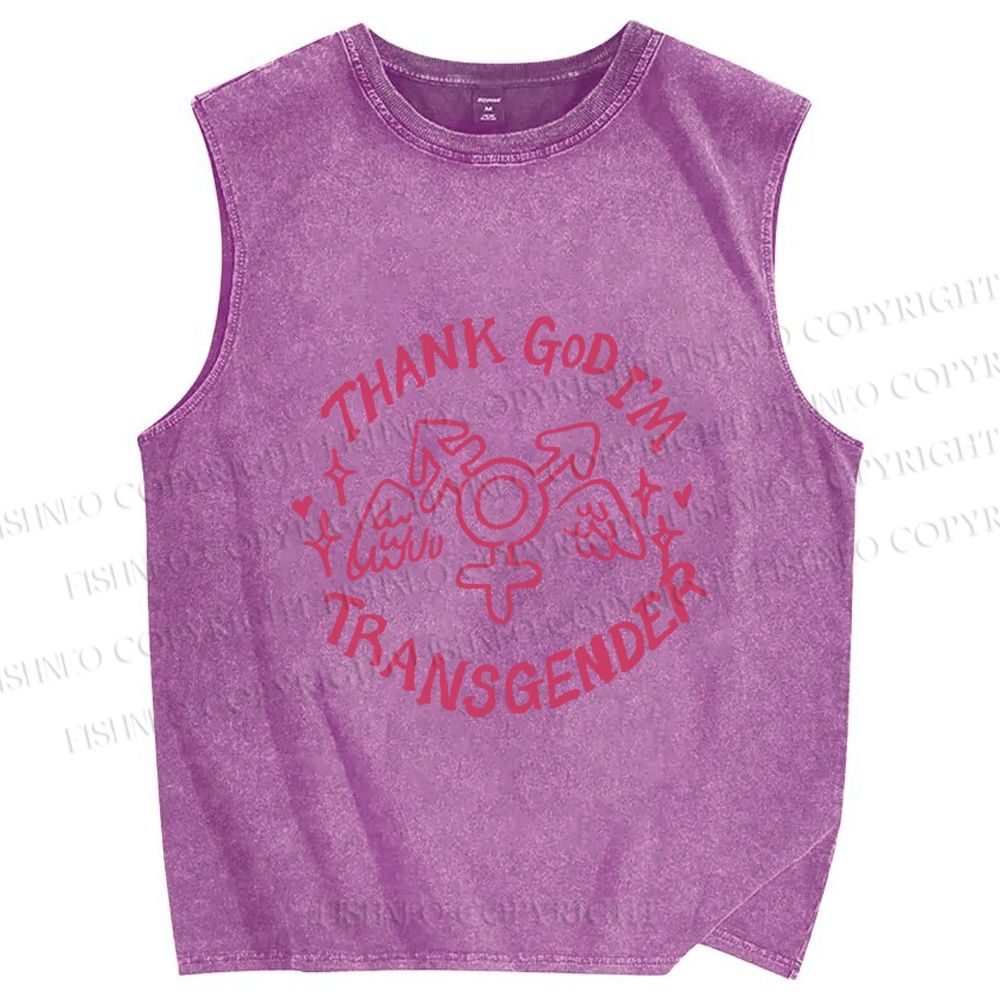 Unisex Pride Thank God I am Transgender Printed Washed Tank Top