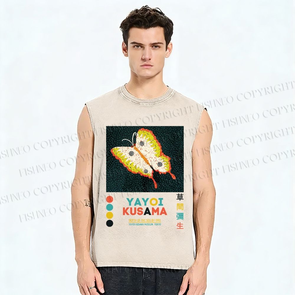 Unisex Yayoi Kusama Butterfly Printed Washed Tank Top