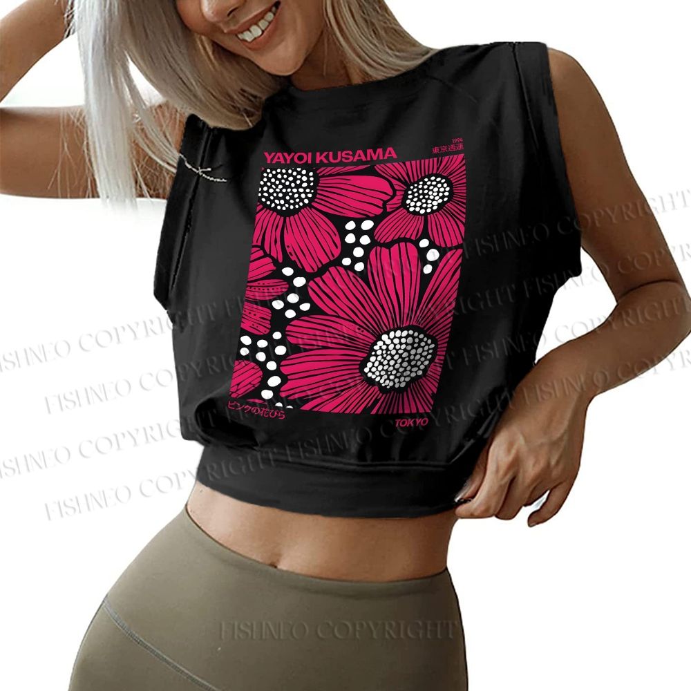 Yayoi Kusama Giant Pink Flowers Sleeveless Crop Tops