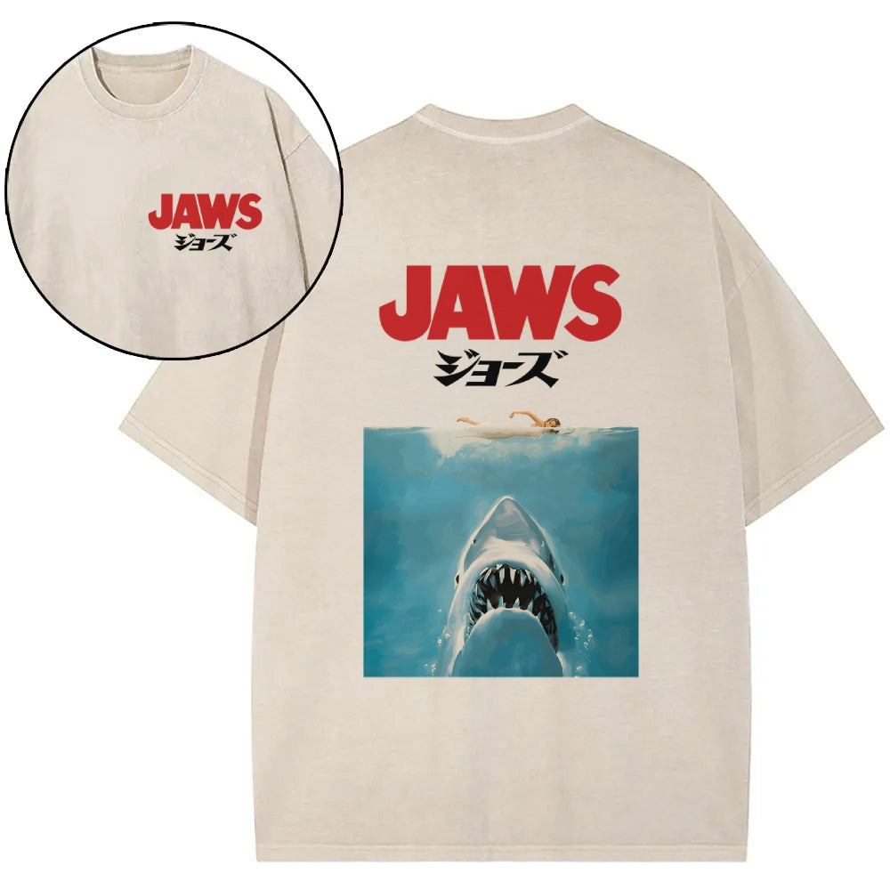 Jaws Shark Vintage Wash Japanese Design Back Art T-Shirt