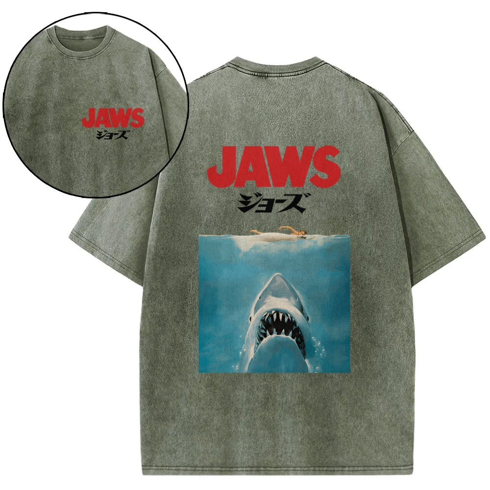 Jaws Shark Vintage Wash Japanese Design Back Art T-Shirt