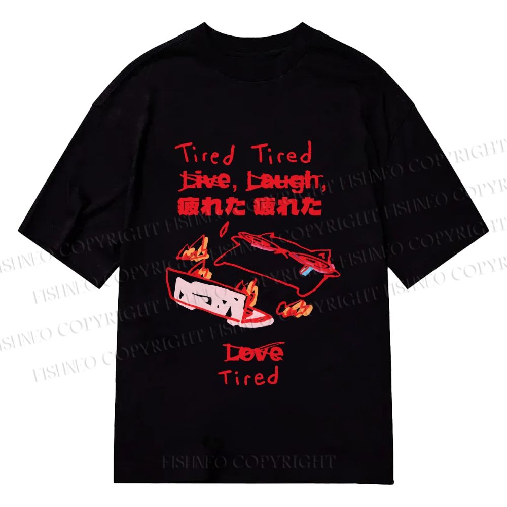 Unisex Classic Cotton Japanese Silly Cat Full of Tired Printed T-shirt