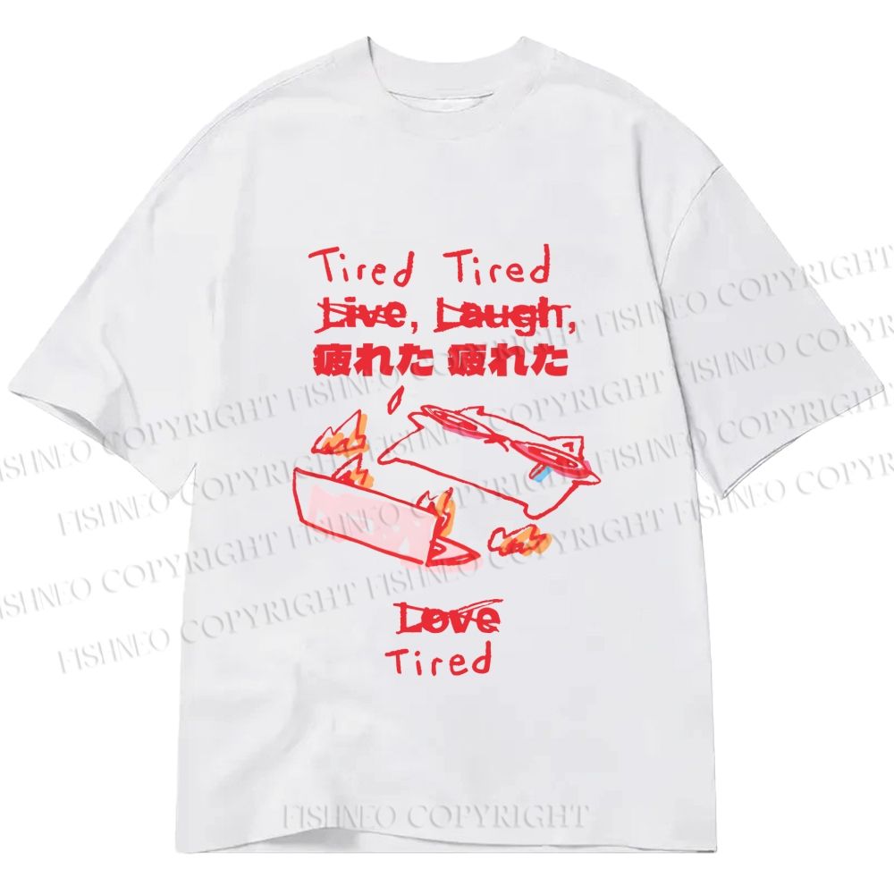 Unisex Classic Cotton Japanese Silly Cat Full of Tired Printed T-shirt